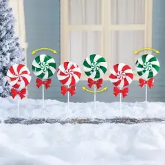 Collections Etc Red Bow Peppermint Wind Spinner Garden Stakes - Set of 6 6.5 X 6.5 X 18.25
