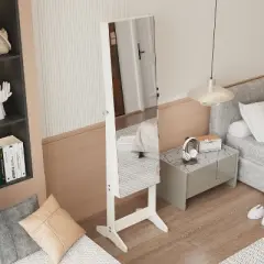 KWPZQEB Mirror Jewelry Cabinet, 63.5-Inch Tall Lockable Free-Standing Mirror Jewelry Armoire Organizer with nterior Lighted Mirror for Bedroom, White