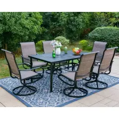 7pc Outdoor Dining Set with Padded Swivel Chairs & Metal Rectangle Table with Umbrella Hole - Gray - Captiva Hole