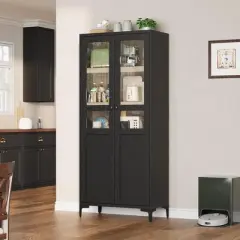 63 Inch Tall Storage Cabinet with Glass Doors, Kitchen Pantry Cabinet 5 Tier Bathroom Cabinet with Doors Adjustable Shelves