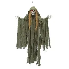 Morris Costumes 35 1/2" Light-Up Hanging Long Hair Skeleton Reaper Halloween Decoration