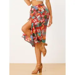 Allegra K Women's Summer Beach Ruched Front Tropical Skirt with Slit