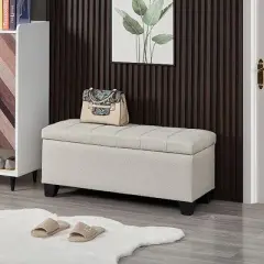 Entryway Bench Upholstered Storage Rectangular Bench, Bedroom Bed End Bench Bed Foot, Entryway Bench Light Beige Linen Fabric Plaid White