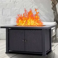 44" Steel Gas Fire Pit Table, 50K BTU w/ Cover, Rattan & Steel, Black