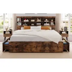 Storage Wooden Bed Frame with Bookcase Headboard and 4 Large Drawers