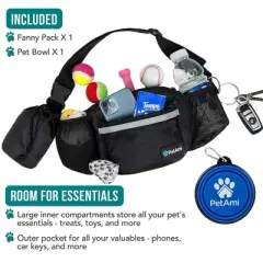 PetAmi Dog Fanny Pack, Pet Waist Belt Treat Pouch for Walking Training Hiking Running, Waste Bag Dispenser, Bottle Holder, Bowl, Pocket