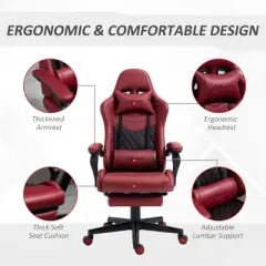Kumasinova 360&deg;Swivel Gaming Chair Office Chairs with Reclining Back,Adjustable Seat Height&Footrest,17-21&deg;Ergonomics Video Game Chairs Office,Red