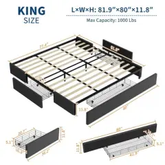 King Bed Frame with 3 Storage Drawers, Fabric Upholstered Platform Bed, Wooden Slats Support, Dark Grey