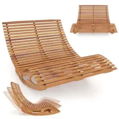 Costway Outdoor Double Chaise Lounge for 2 with High Back Slatted Seat Stopper for Patio