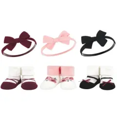 Hudson Baby Infant Girl 12Pc Headband and Socks Giftset, Burgundy Black, One Size