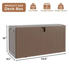73 Gallon Outdoor Resin Deck Box, Waterproof Lockable Patio Storage Container, Brown Rattan-Style Deck Box