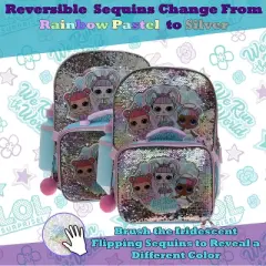 LOL Girl&rsquo;s 4 Piece Backpack Set, Sequin School Bag with Front Zip Pocket, 2 Side Mesh Pockets