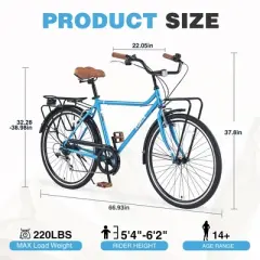 YONWAY 26 Inch Vintage Style Bike, 7 Comfort Beach Cruiser Bike With Front And Rear Cargo Rack, Steel Frame, V-Brake For Women and Men