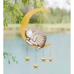 Wind & Weather Lighted Hanging Metal Moon with Animals Indoor/Outdoor Decoration - Cat