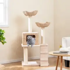 Tangkula 48" Cattail Cat Tower w/ Sisal Scratching Posts Perch Condo Basket Bed Ladder