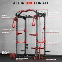 Power Rack, 1600LBS Capacity Squat Rack for Home Gym with Cable Crossover, Pull-up Bar, Multifunctional Home Gym Equipment with Attachments