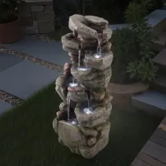 VEVOR Outdoor Water Fountain, 38.98 in Height Fountain and Waterfall,7-Tier Floor Standing Rock-Shaped Cascading Fountains with Light and Pump,Brown