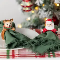 Transpac 8.25 in Holiday Vintage Santa Reindeer Napkin Rings Set of 4 Dolomite Kitchen Holders for Festive Dining