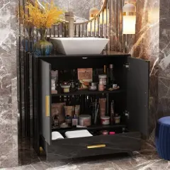 FUFU&GAGA Modern Bathroom Vanity Cabinet with Gold Handles, High-Gloss Finish