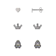 FAO Schwarz Holiday Heart, Crown and Penguin Stud Trio Earring Set