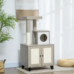 PawHut Cat Litter Box Enclosure Furniture with Cat Tree, Hidden Litter Box with Scratching Post, Bed, Modern Cat House Indoor, Gray