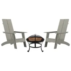 Emma and Oliver Set of 2 Modern All-Weather Poly Resin Adirondack Rocking Chairs with a Wood Burning Fire Pit for Outdoor Use