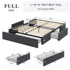 Platform Bed Frame with 3 Storage Drawers, Fabric Upholstered, Wooden Slats Support, No Box Spring Needed, Noise Free, Easy Assembly, Dark Grey