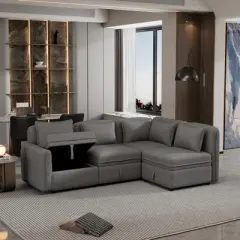 122.8" Minimalist Convertible Modular Sofa, Upholstered Sectional Sofa Couch with 5 Pillows-ModernLuxe