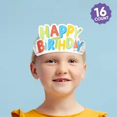 Big Dot of Happiness Party Time Happy Birthday Paper Crowns, Colorful Birthday Headbands for Kids & Adults, DIY Classroom Party Hat Favors, 16 Count