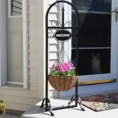 Sunnydaze Indoor/Outdoor Iron Construction Decorative Welcome Sign and Coco Grass Liner Hanging Basket Planter Stand - 48" H - Black