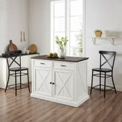 Clifton Kitchen Island with Camille Stools Distressed White/Black - Crosley