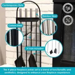 Sunnydaze 4pc Fireplace Tool Set with Mesh Shroud Holder - Black