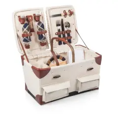 Natural Canvas Picnic Basket - Picnic Time: Wicker, Off-White, Easy-Close Fastener, Solid Pattern, 17.5" x 15" x 10"