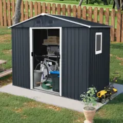 Syemin Storage Sheds 8ft x 4ft Outdoor Metal Storage Shed with Window and Metal Foundation for Backyard, Patio, Lawn, Black, 89"*47"*74.75"