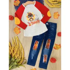 Girls Cutest Turkey Raglan Top & Patched Jeans Set - Mia Belle Girls