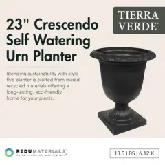 Tierra Verde Self-Watering Indoor Outdoor Urn Planter, Crescendo, 19"x23", Black