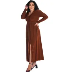 Womens Plus Size Long Sleeve V Neck Side Slit Maxi Dress