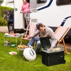 Outsunny 12 Volt Car Refrigerator w/ Wheels, Pull-up Handle & LED Light, Portable Compressor Cooler, Fridge Freezer with 12/24V DC and 110-240V AC for Driving, Travel, Fishing, Outdoor