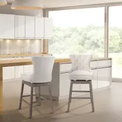 HOMCOM Upholstered Fabric Bar Height Bar Stools Set of 2, 180&deg; Swivel Nailhead-Trim Pub Chairs, 30" Seat Height with Rubber Wood Legs