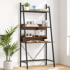 Costway 71'' High Ladder Desk with Open Shelves 3-Tier Ladder Shelf Computer Desk Brown