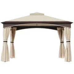 DOMETOUR 10' x 12' Outdoor Gazebo with Netting, Curtains, 2-Tier Roof, Steel Frame for Patio, Lawn, Garden, Backyard, Deck