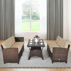 Costway 3PCS Rattan Dining Set Patio Furniture 6 Seats Sofa Cushioned