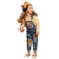 Girls Autumn Vibes Patched Overall Jeans Set Mia Belle Girls, Orange, 6