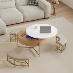 Lift Top Coffee Table with 3 Ottoman, Modern Round Center Table with Hidden Storage, Wood Cocktail Table for Living Room Bedroom Office