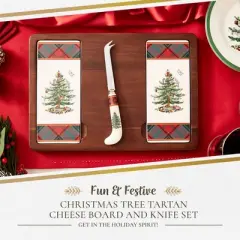 Spode Christmas Tree Cheese Board & Knife Set, Tartan Plaid - Holiday Entertaining, Charcuterie, Cheese and Cracker Tray, and Seasonal Serveware