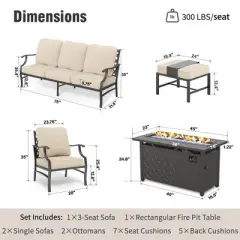 Captiva Designs 6pc Metal Patio Outdoor Conversation Fire Pit Set with Grid-back Armchairs and Ottomans for Garden, Poolside, Backyard