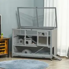 PawHut Wooden Large Hamster Cage with Seesaw and Wheels, Small Animal Cage and Habitat, 3-Tier Hamster Habitat with Ladder, Dark Grey