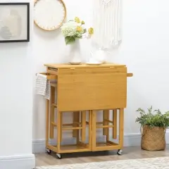 HOMCOM 3-Piece Drop-Leaf Breakfast Cart Table/Chair Set & Kitchen Island with Seating, Rolling Kitchen Cart on Wheels with 2 Storage Drawers, Brown