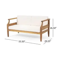 FIONECA Outdoor Mid-Century Modern 4-Seat Acacia Wood Chat Set with Loveseat, Coffee Table & Club Chairs, Teak Finish + Cream Cushion