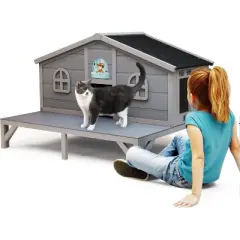 Sandinrayli Outdoor Feral Cat House, Large Wooden Outside Cat Shelter with Balcony, Gray